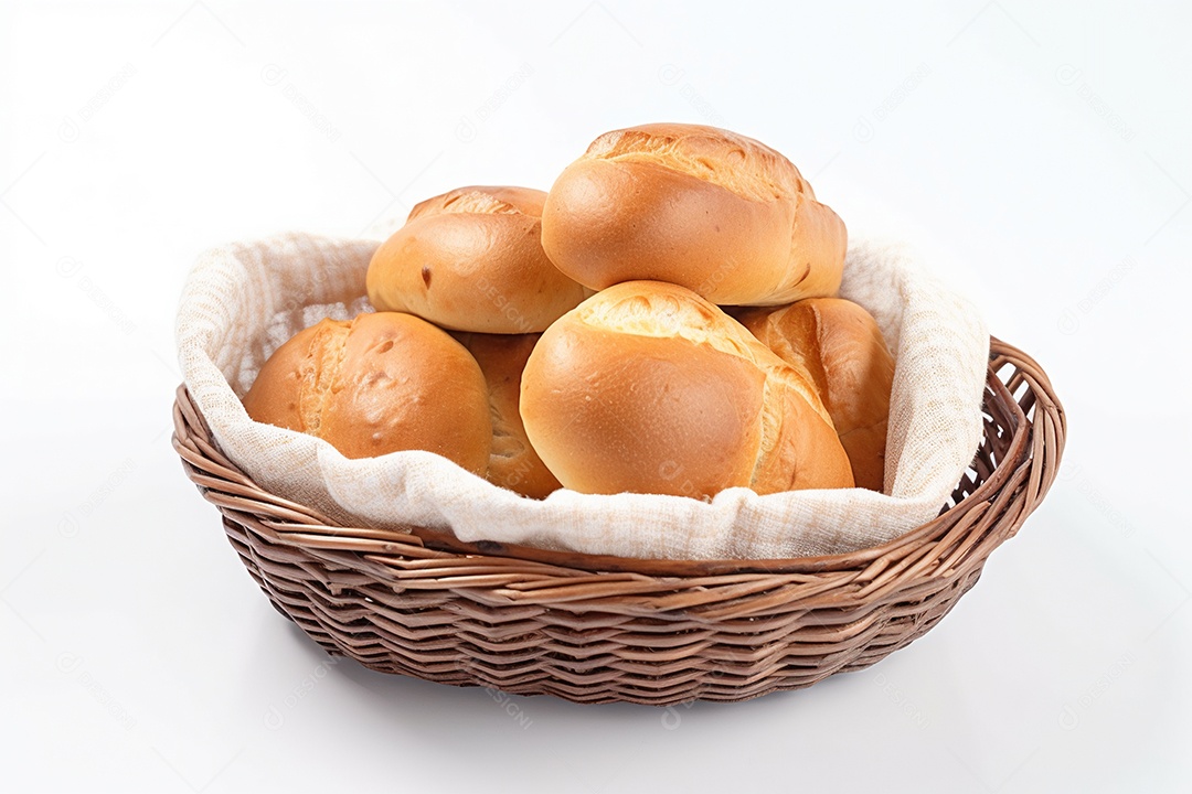 Cesta de pães sobre fundo isolado branco