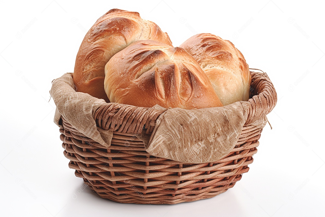Cesta de pães sobre fundo isolado branco
