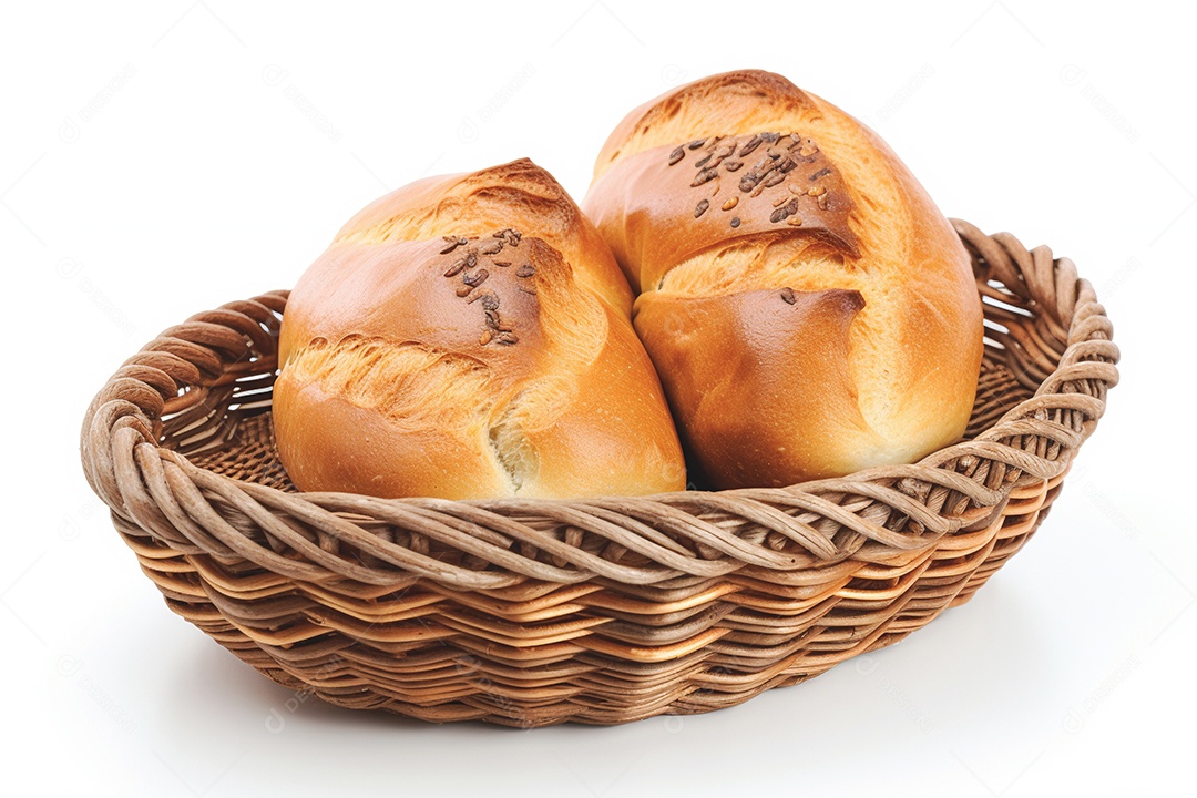 Cesta de pães sobre fundo isolado branco
