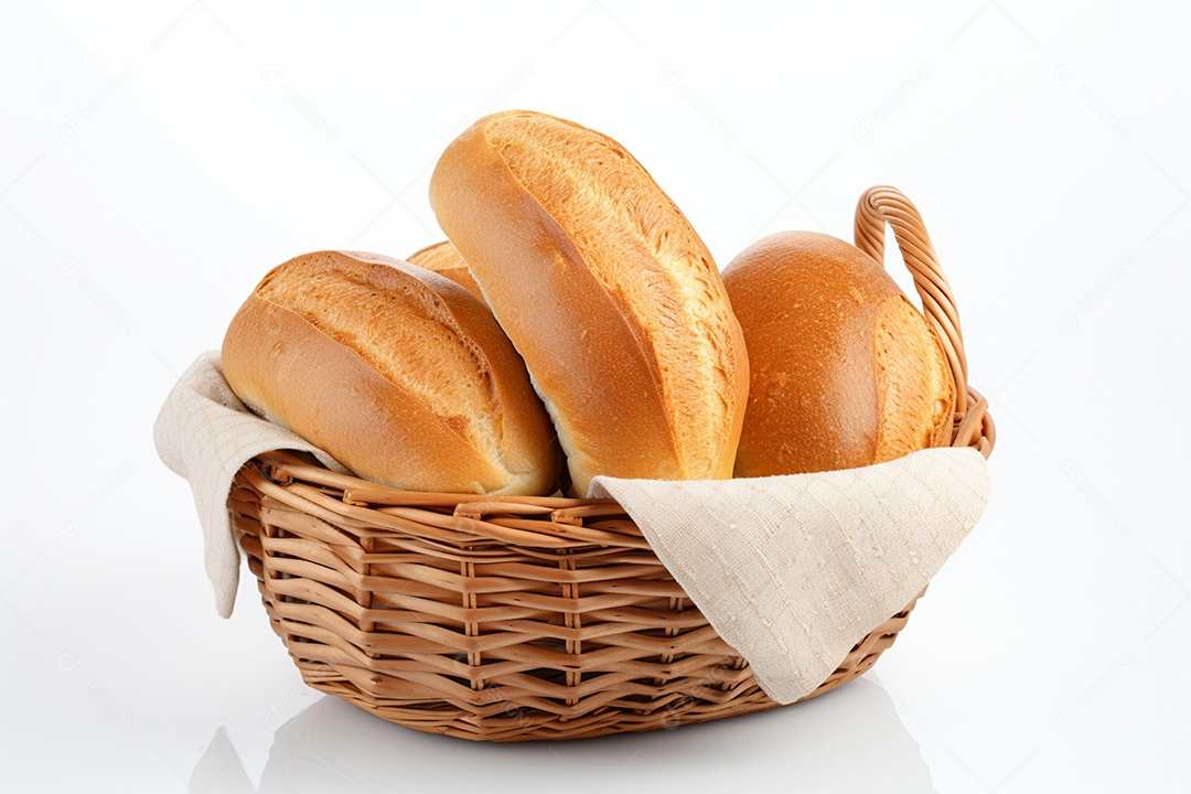 Cesta de pães sobre fundo isolado branco
