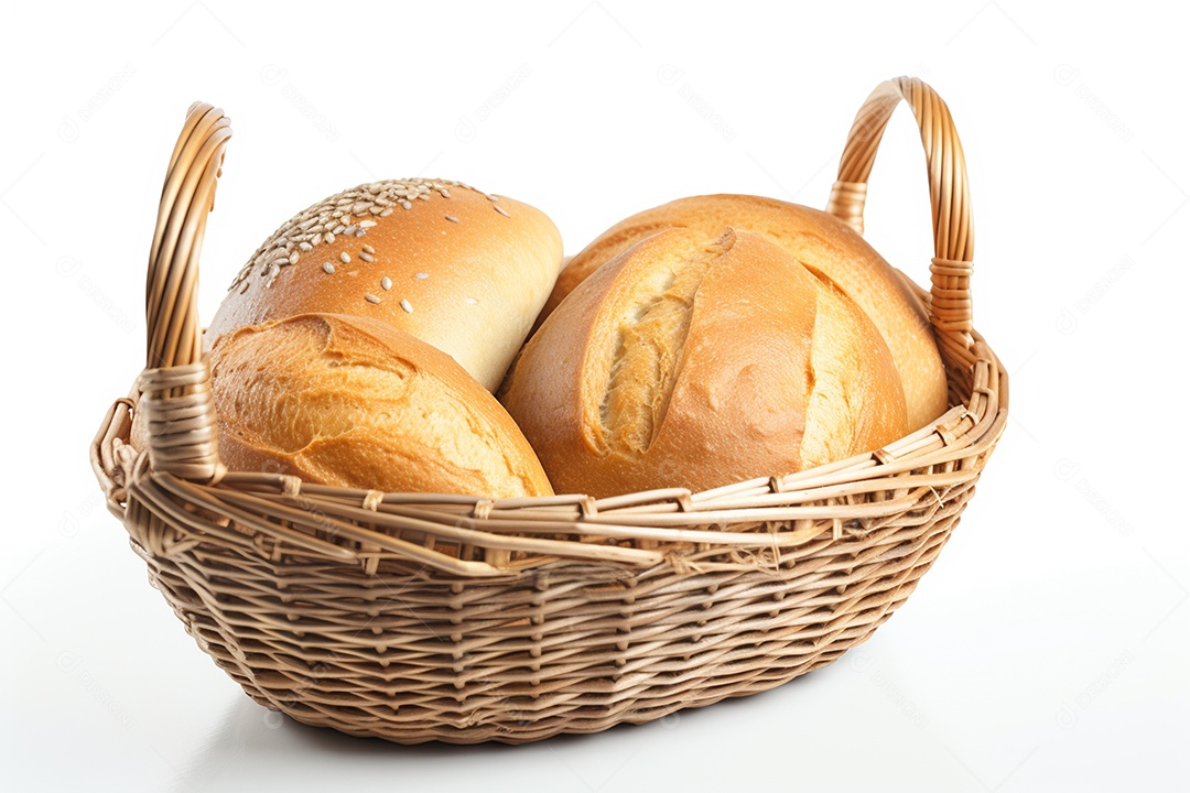Cesta de pães sobre fundo isolado branco