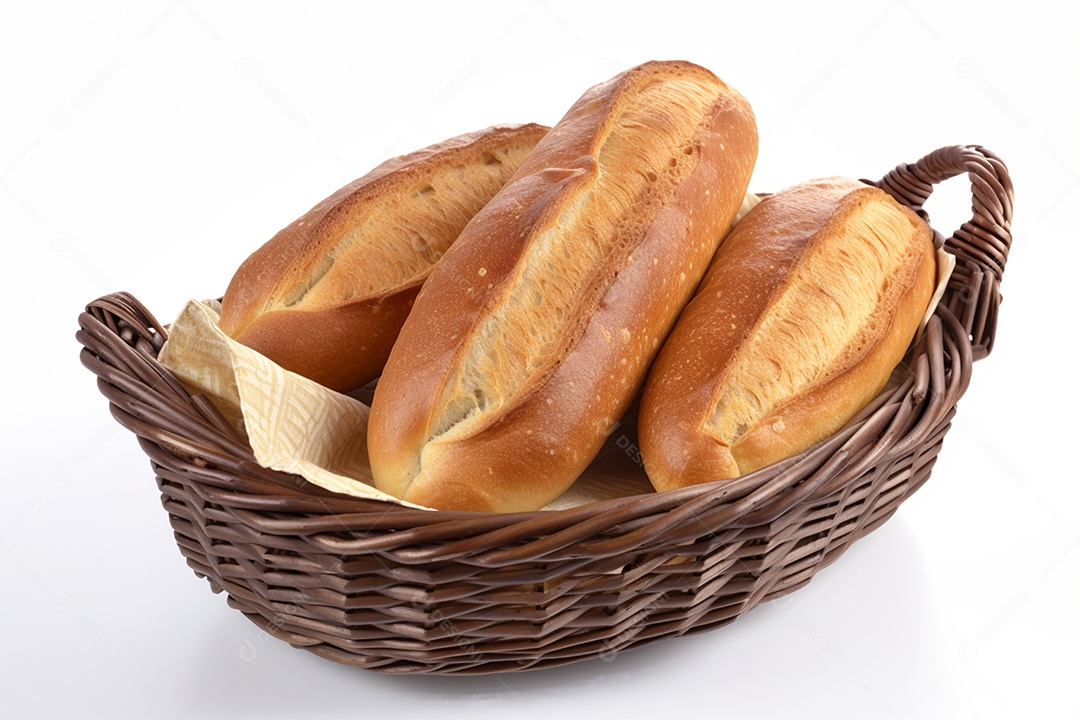 Cesta de pães sobre fundo isolado branco