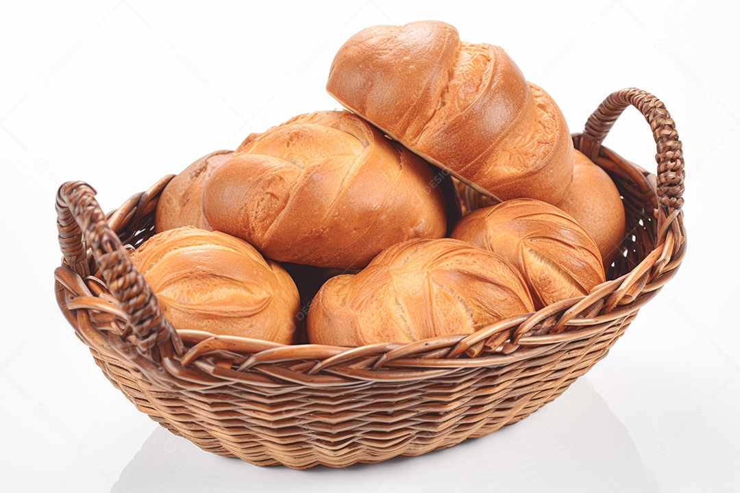 Cesta de pães sobre fundo isolado branco