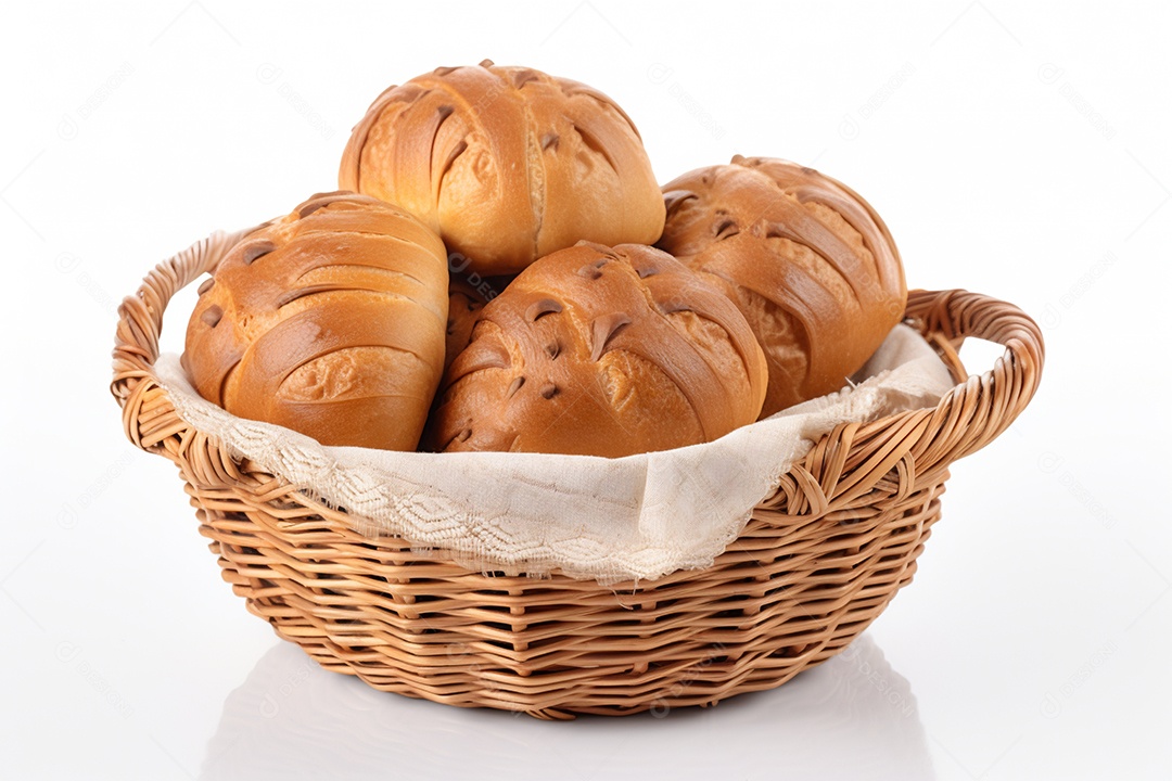 Cesta de pães sobre fundo isolado branco