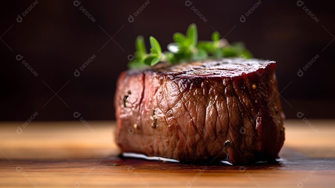 Pedaço de carne assada sobre uma tabua de madeira