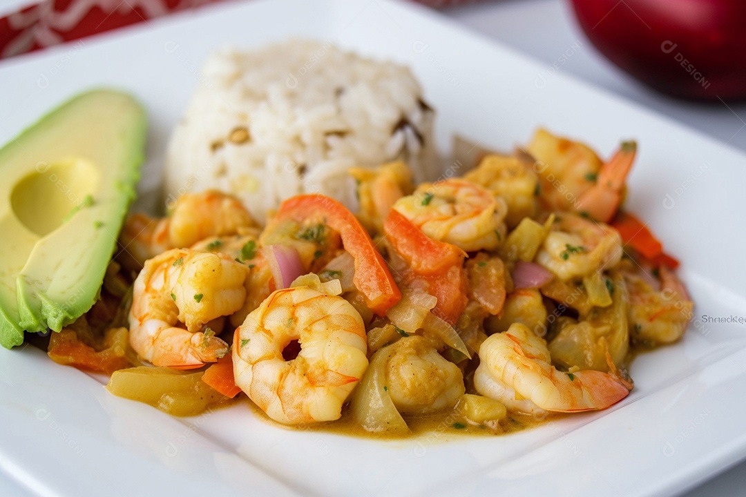 Prato de comida Gambas al ajillo sobre uma mesa de madeira