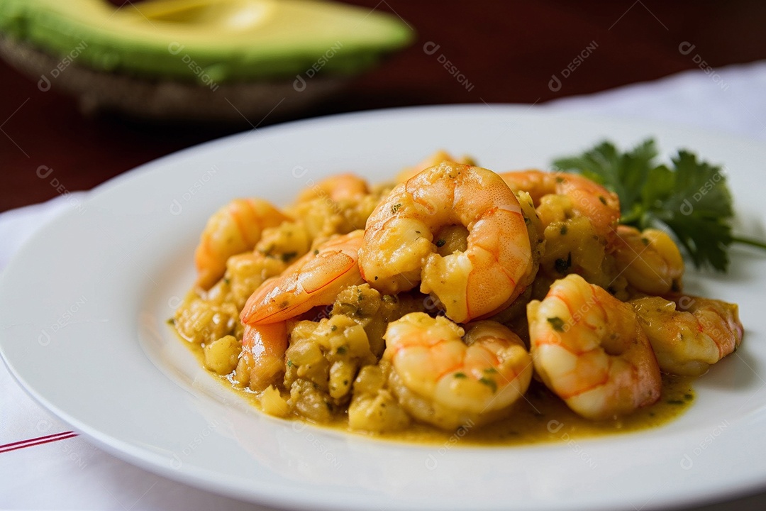 Prato de comida Gambas al ajillo sobre uma mesa de madeira