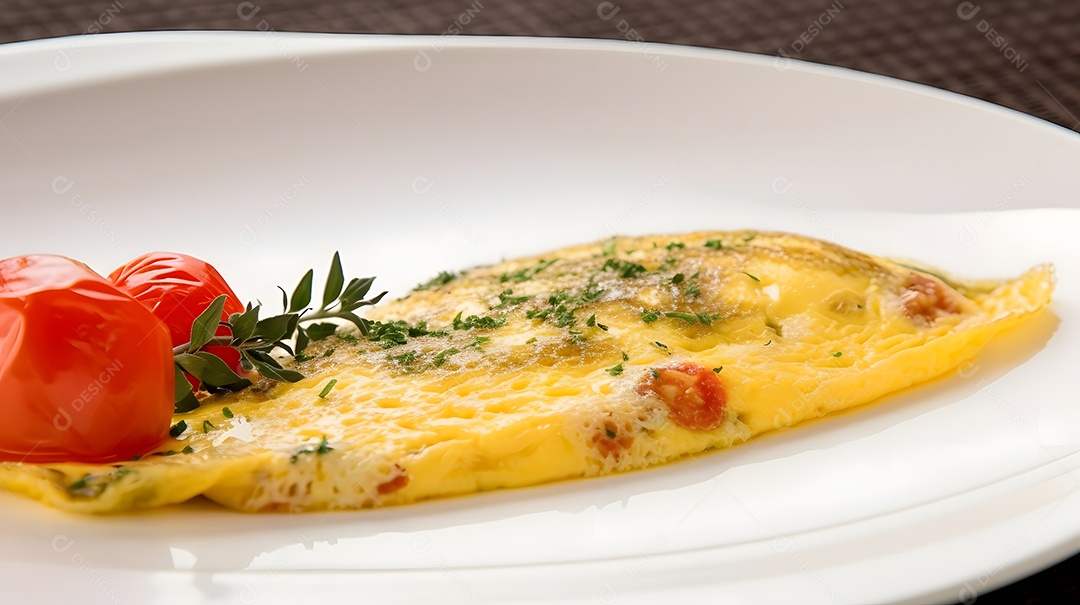 Prato de comida omelete sobre uma mesa de madeira