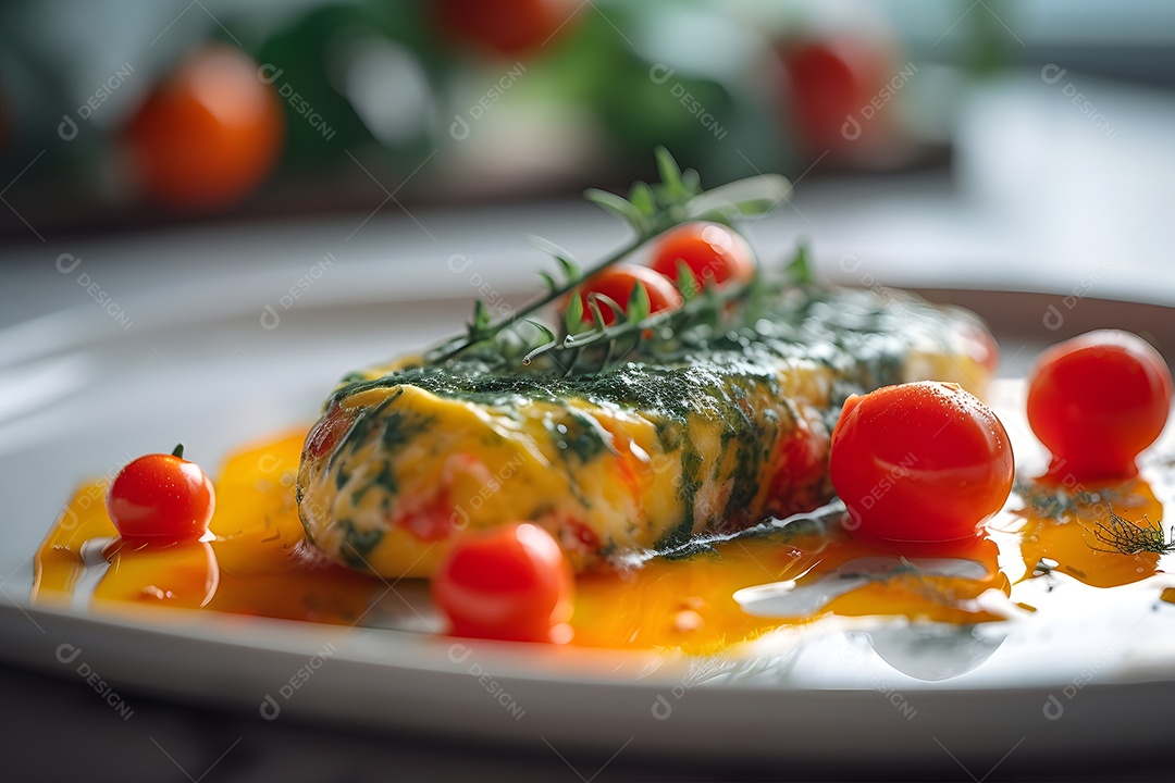 Prato de comida omelete sobre uma mesa de madeira
