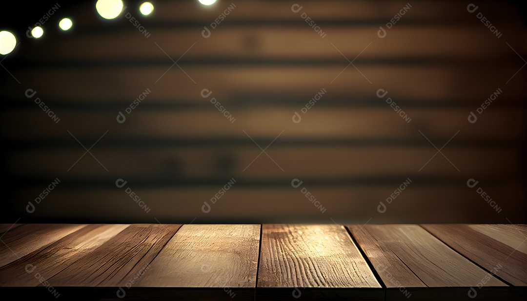 Cenário de luzes ao fundo mesa de madeira paisagem