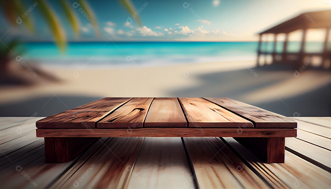 Cenário de praia mesa de madeira paisagem