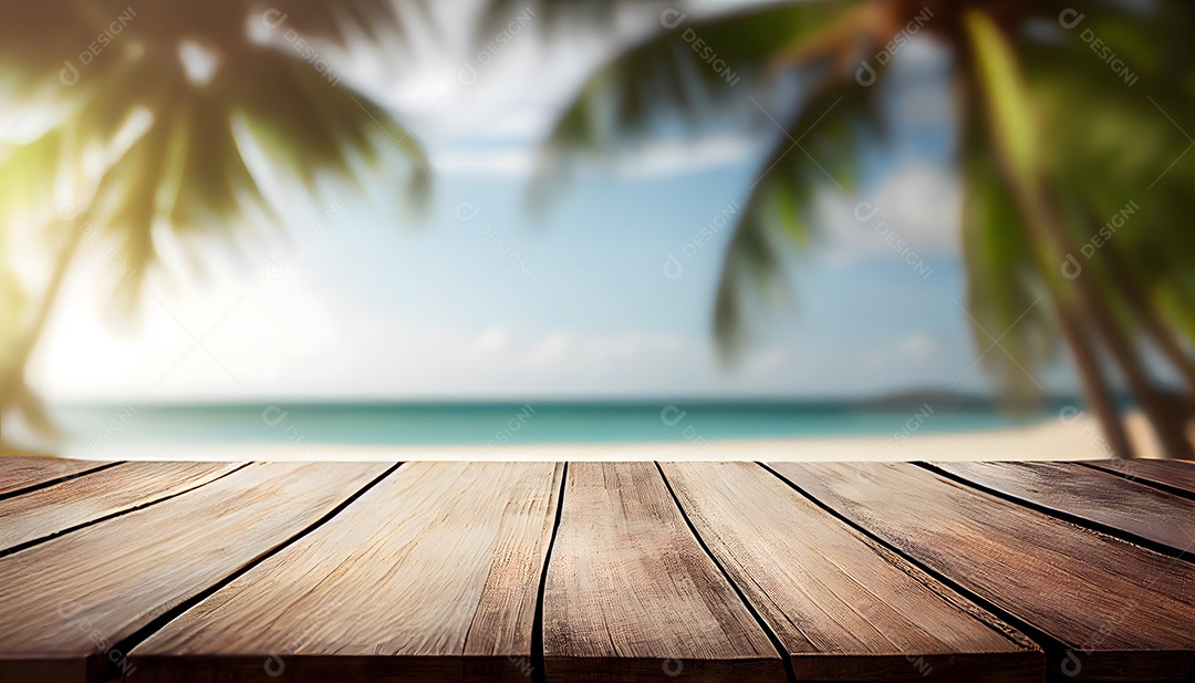 Cenário de praia mesa de madeira paisagem