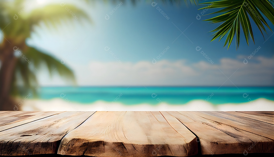 Cenário de praia mesa de madeira paisagem