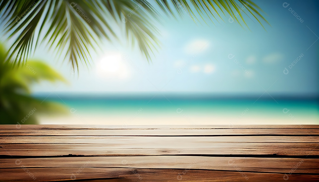 Cenário de praia mesa de madeira paisagem