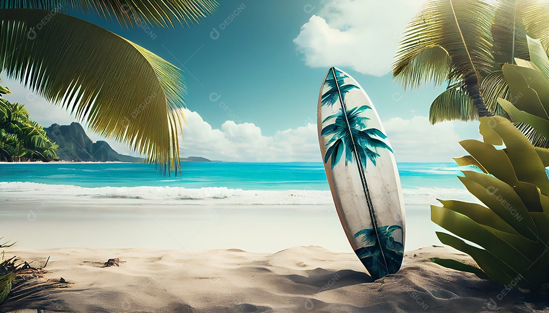 Prancha sobre areia frente a praia