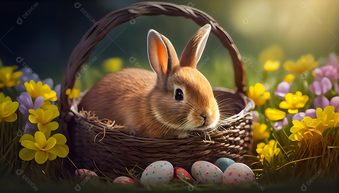 Coelho sobre cesta sobre floresta selva