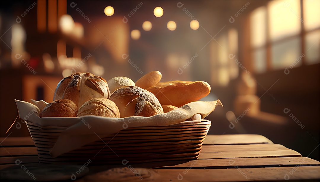 Pão de queijo sobre uma cesta em uma mesa de madeira
