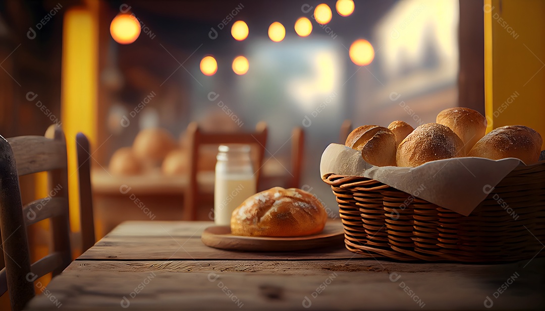 Pão de queijo sobre uma cesta em uma mesa de madeira