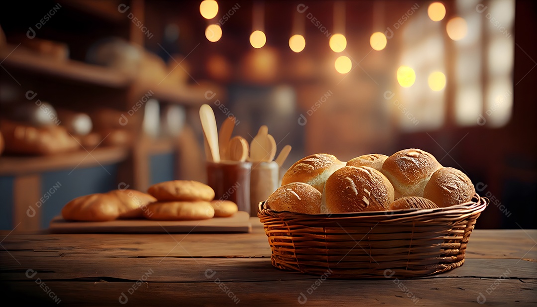Pão de queijo sobre uma cesta em uma mesa de madeira