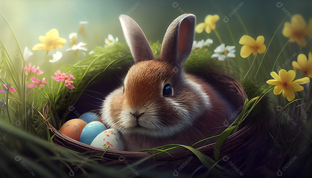 Coelho sobre cesta sobre floresta selva