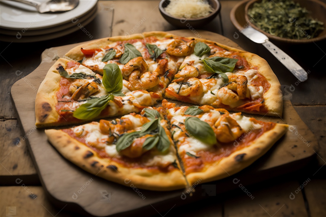 Deliciosa pizza caseira de camarão inteiro em uma mesa de madeira rústica