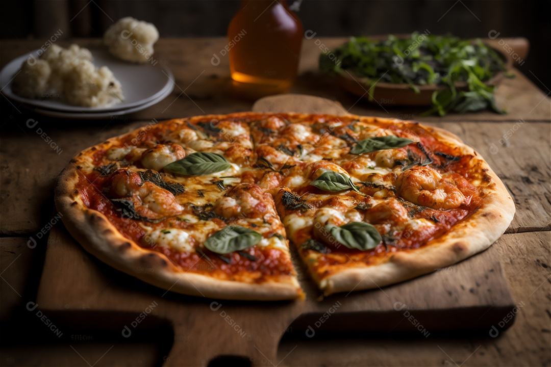 Deliciosa pizza caseira de camarão inteiro em uma mesa de madeira rústica