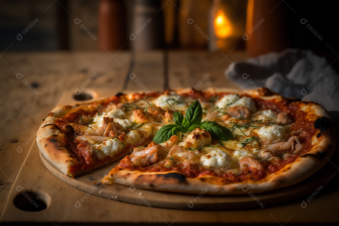 Deliciosa pizza caseira de camarão inteiro em uma mesa de madeira rústica