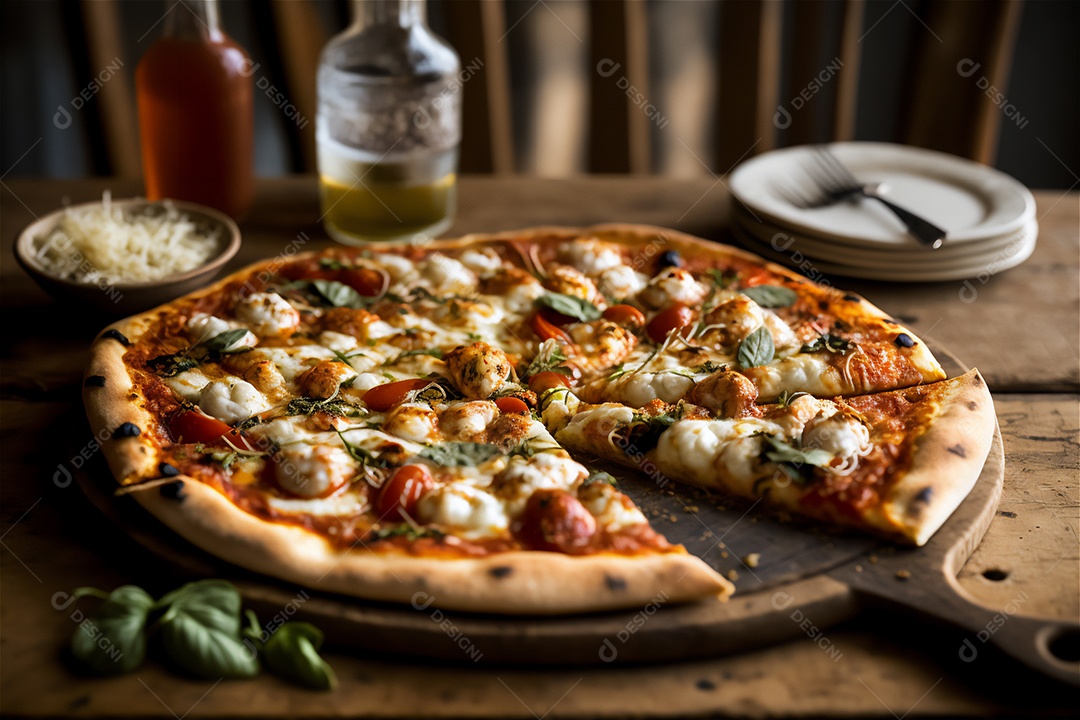 Deliciosa pizza caseira de camarão inteiro em uma mesa de madeira rústica