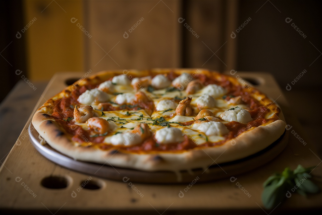 Deliciosa pizza caseira de camarão inteiro em uma mesa de madeira rústica