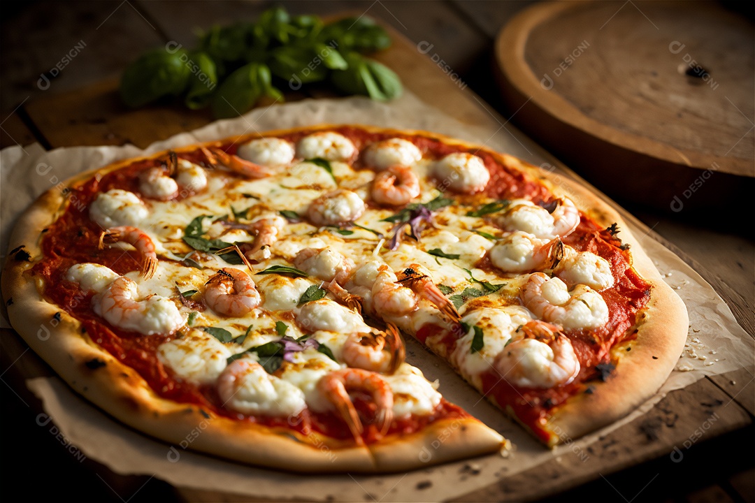 Deliciosa pizza caseira de camarão inteiro em uma mesa de madeira rústica