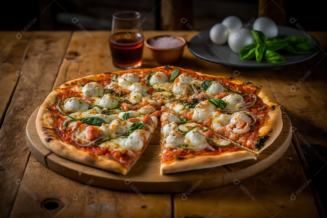 Deliciosa pizza caseira de camarão inteiro em uma mesa de madeira rústica