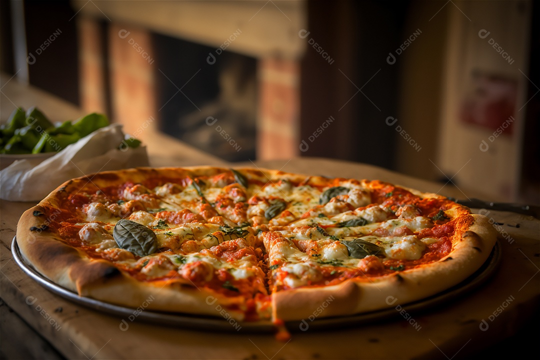 Deliciosa pizza caseira de camarão inteiro em uma mesa de madeira rústica