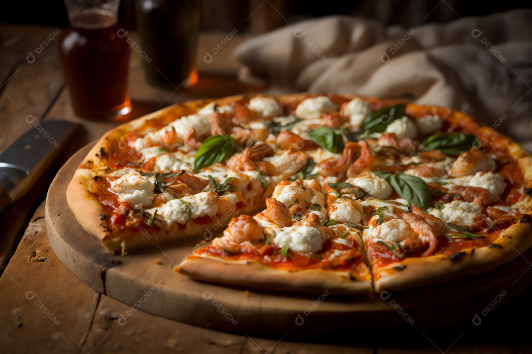 Deliciosa pizza caseira de camarão inteiro em uma mesa de madeira rústica.