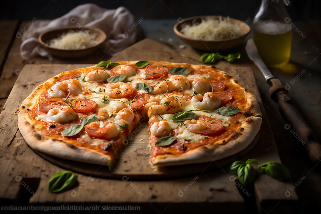 Deliciosa pizza caseira de frango inteiro em uma mesa de madeira rústica.
