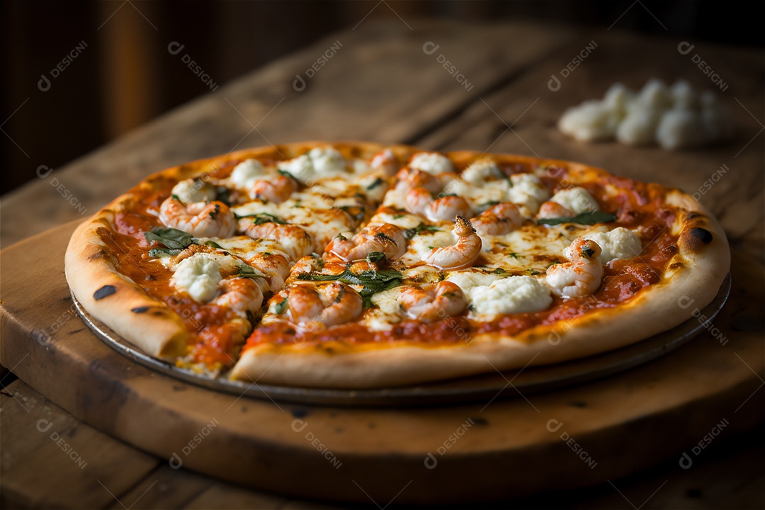 Deliciosa pizza caseira de frango inteiro em uma mesa de madeira rústica.