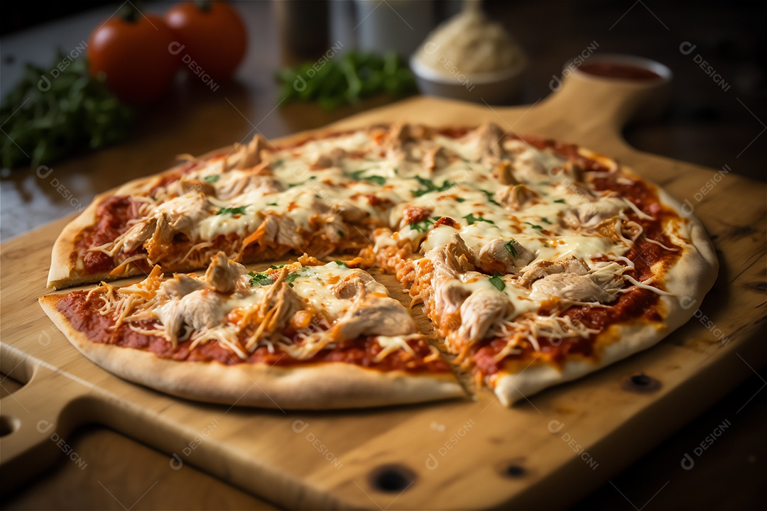 Deliciosa pizza caseira de frango inteiro em uma mesa de madeira rústica.
