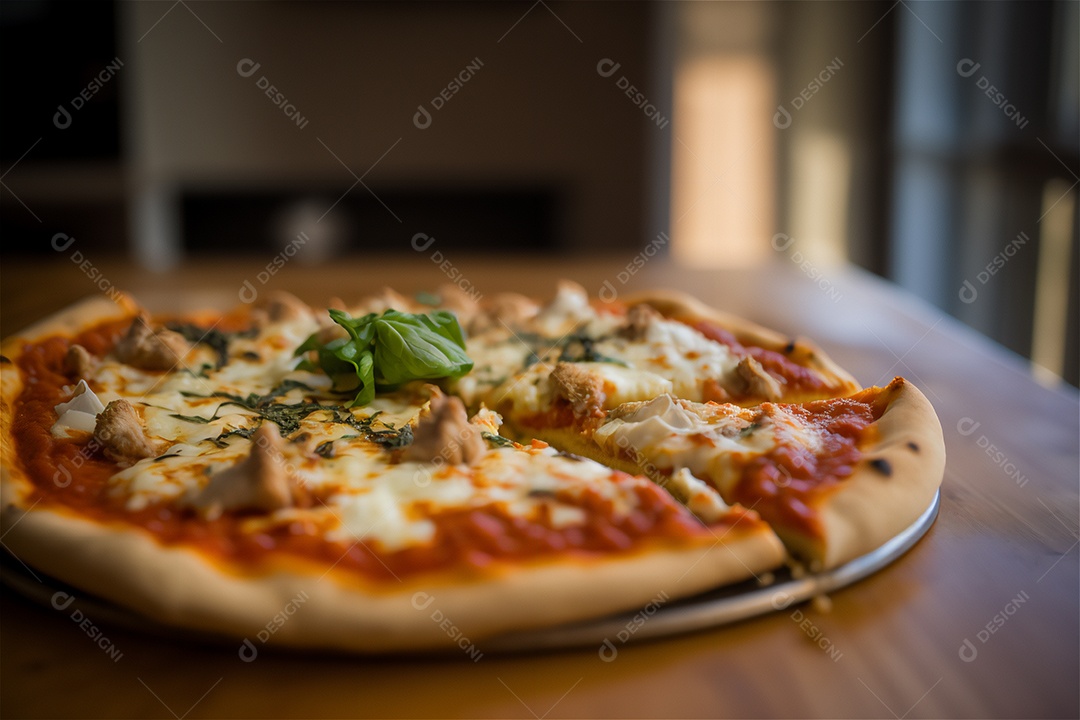 Deliciosa pizza caseira de frango inteiro em uma mesa de madeira rústica.