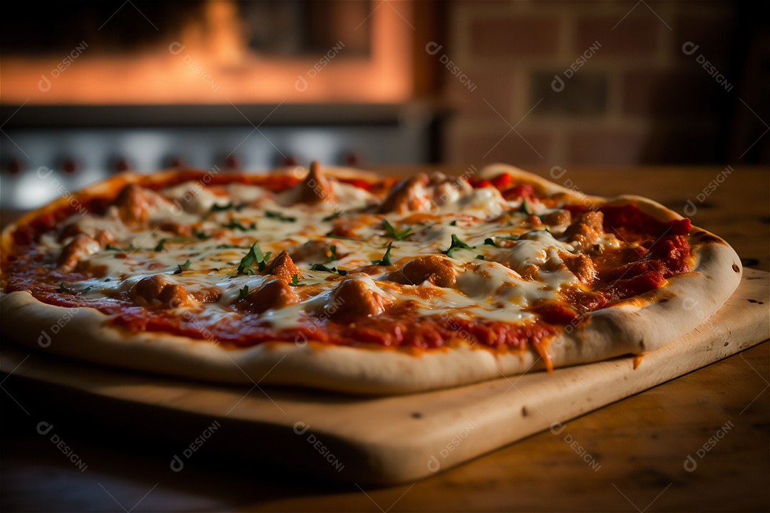 Deliciosa pizza caseira de frango inteiro em uma mesa de madeira rústica.