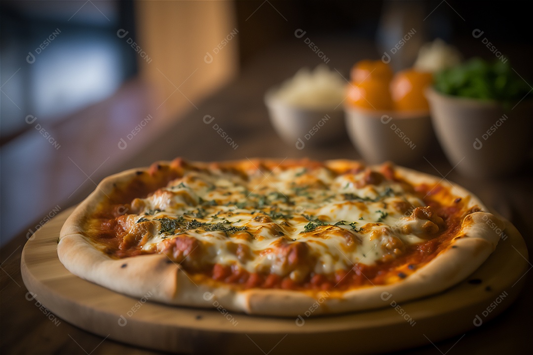 Deliciosa pizza caseira de frango inteiro em uma mesa de madeira rústica.