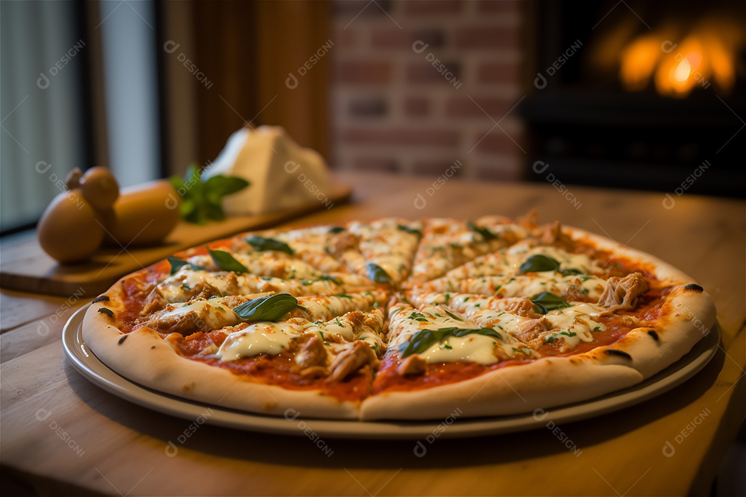 Deliciosa pizza caseira de frango inteiro em uma mesa de madeira rústica.
