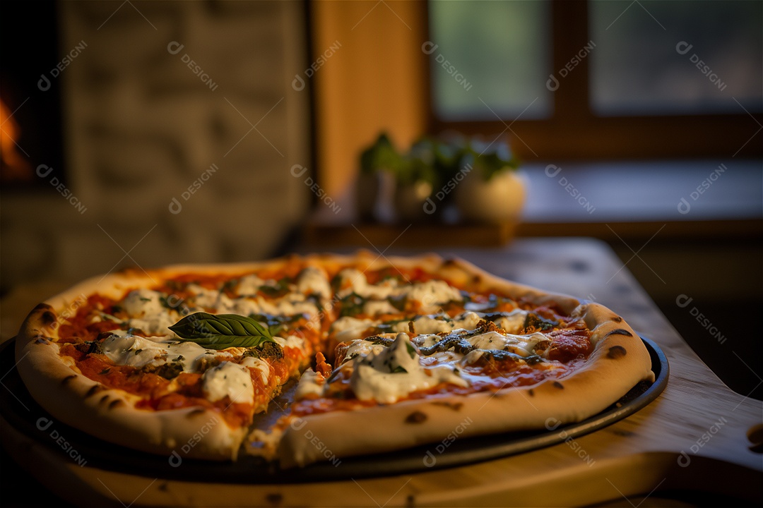 Deliciosa pizza caseira de frango inteiro em uma mesa de madeira rústica.