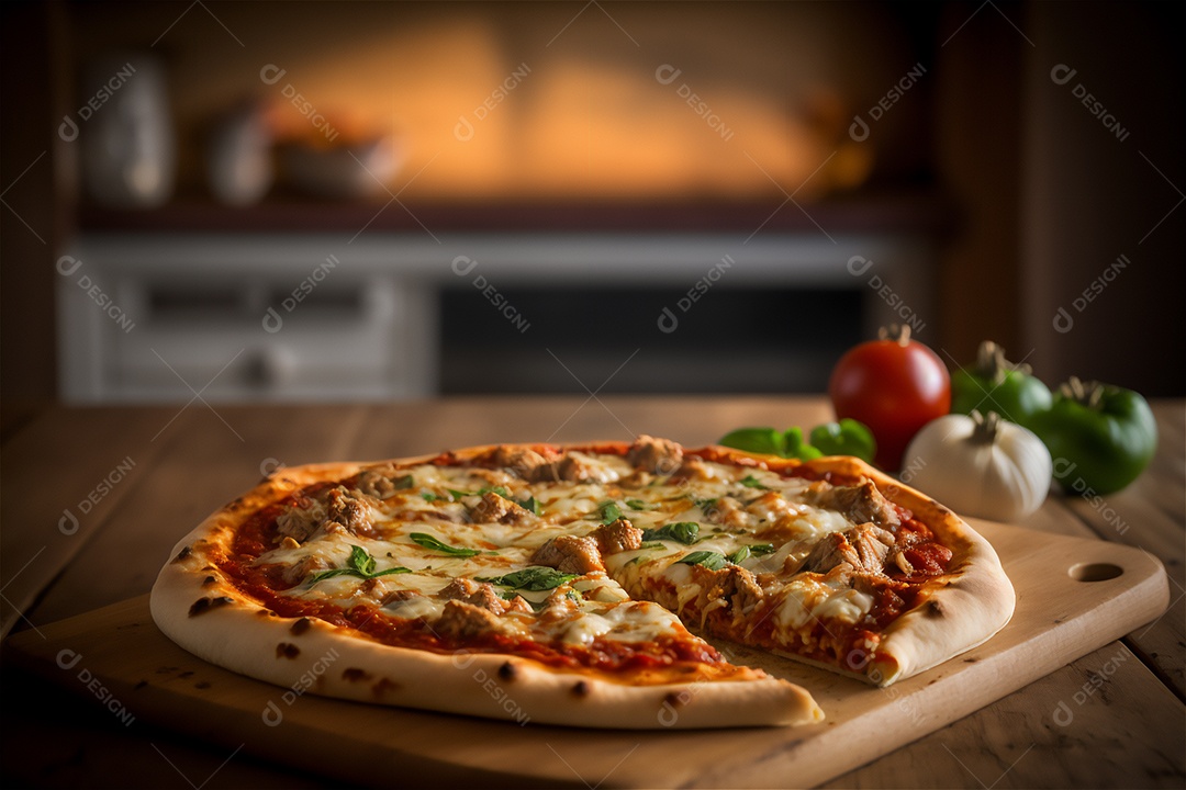 Deliciosa pizza caseira de frango inteiro em uma mesa de madeira rústica.