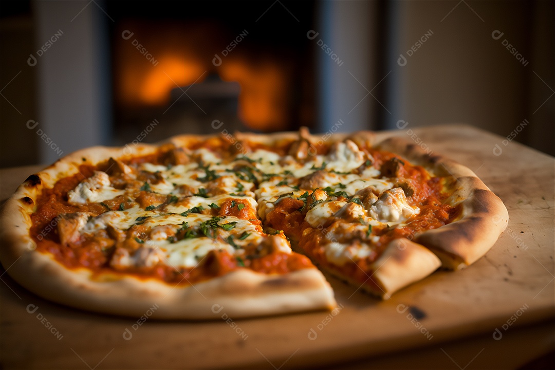 Deliciosa pizza caseira de frango inteiro em uma mesa de madeira rústica.