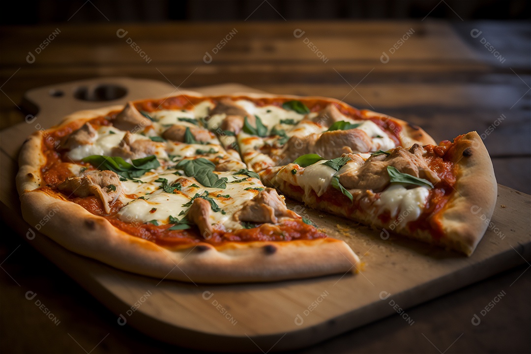Deliciosa pizza caseira de frango inteiro em uma mesa de madeira rústica.