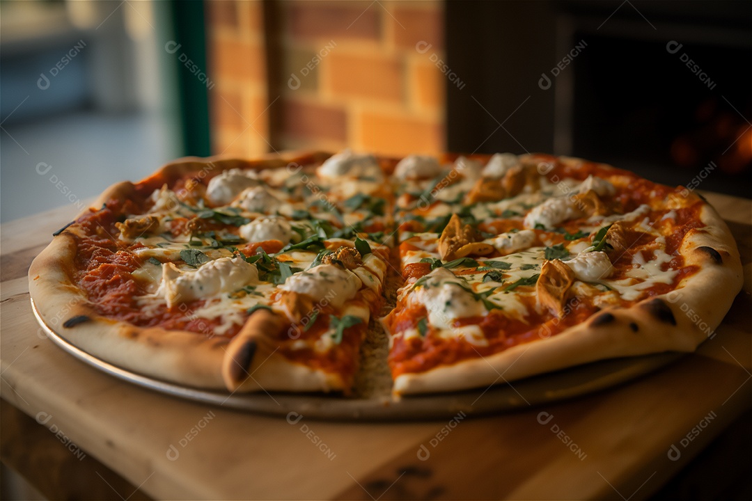 Deliciosa pizza caseira de frango inteiro em uma mesa de madeira rústica.