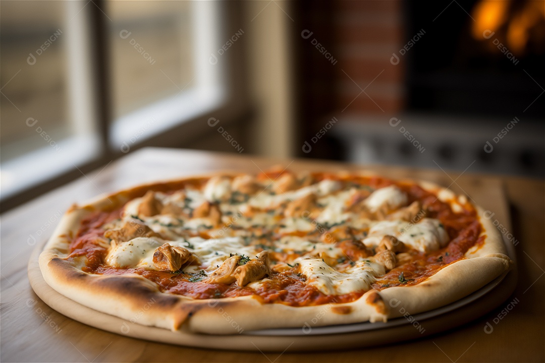 Deliciosa pizza caseira de frango inteiro em uma mesa de madeira rústica.