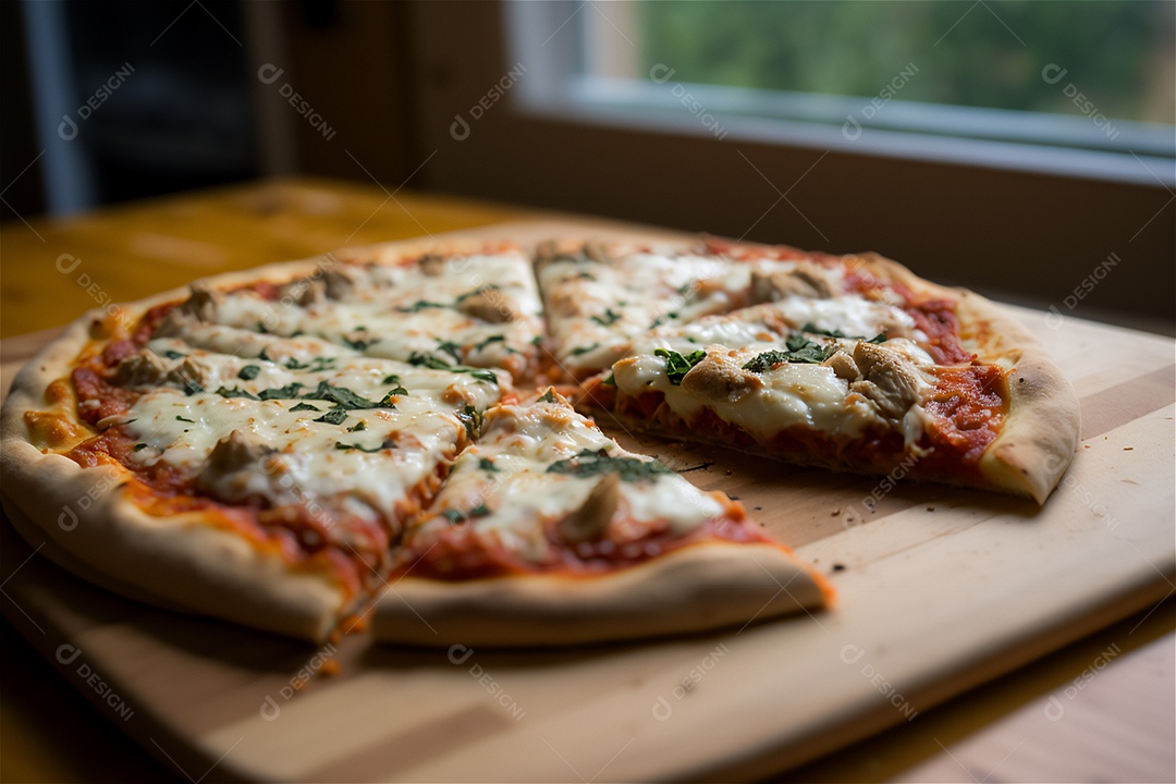 Deliciosa pizza caseira de frango inteiro em uma mesa de madeira rústica.