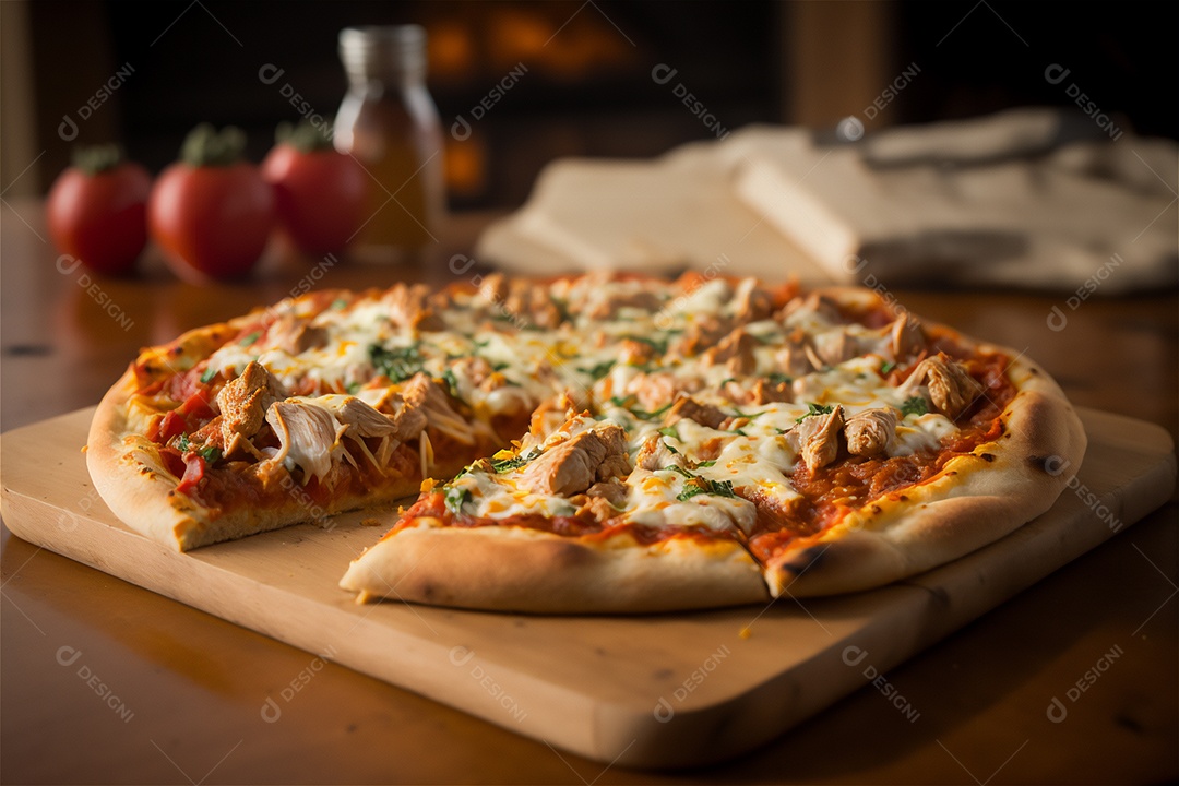 Deliciosa pizza caseira de frango inteiro em uma mesa de madeira rústica.