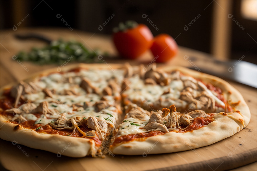 Deliciosa pizza caseira de frango inteiro em uma mesa de madeira rústica.