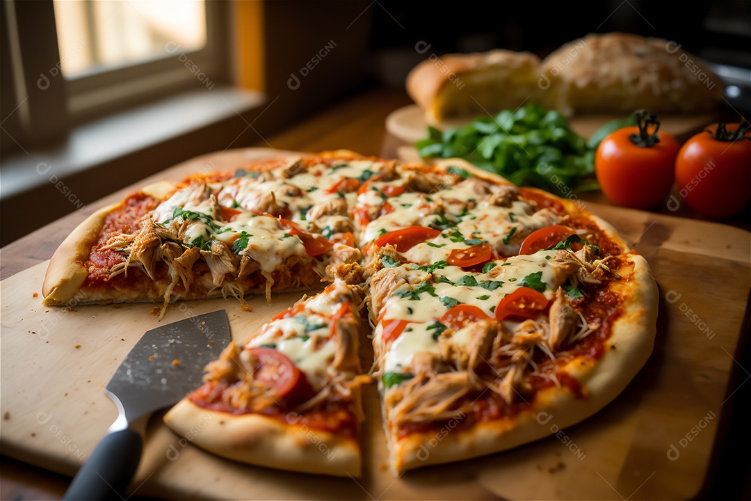 Deliciosa pizza caseira de frango inteiro em uma mesa de madeira rústica.